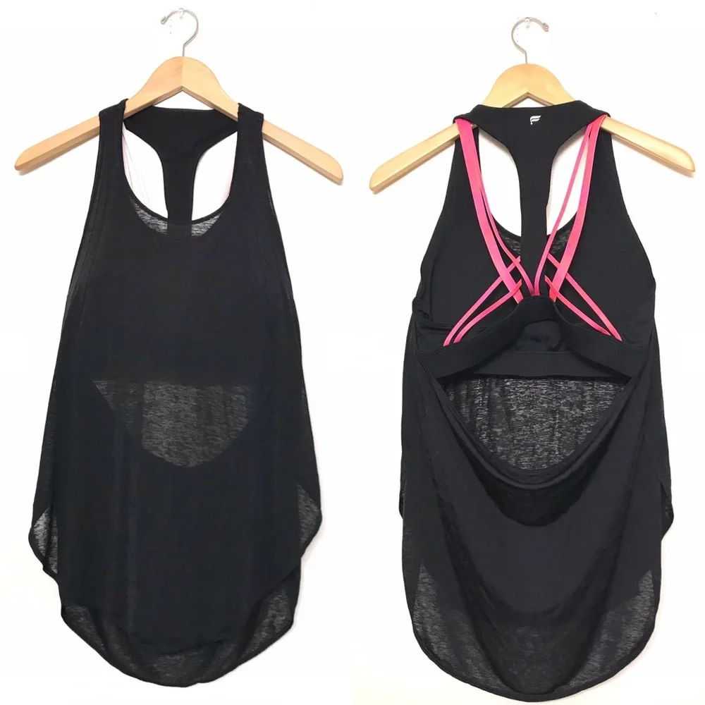 Fabletics Black Tank Top with Pink Strappy Sports Bra Detail - Picture 1 of 5